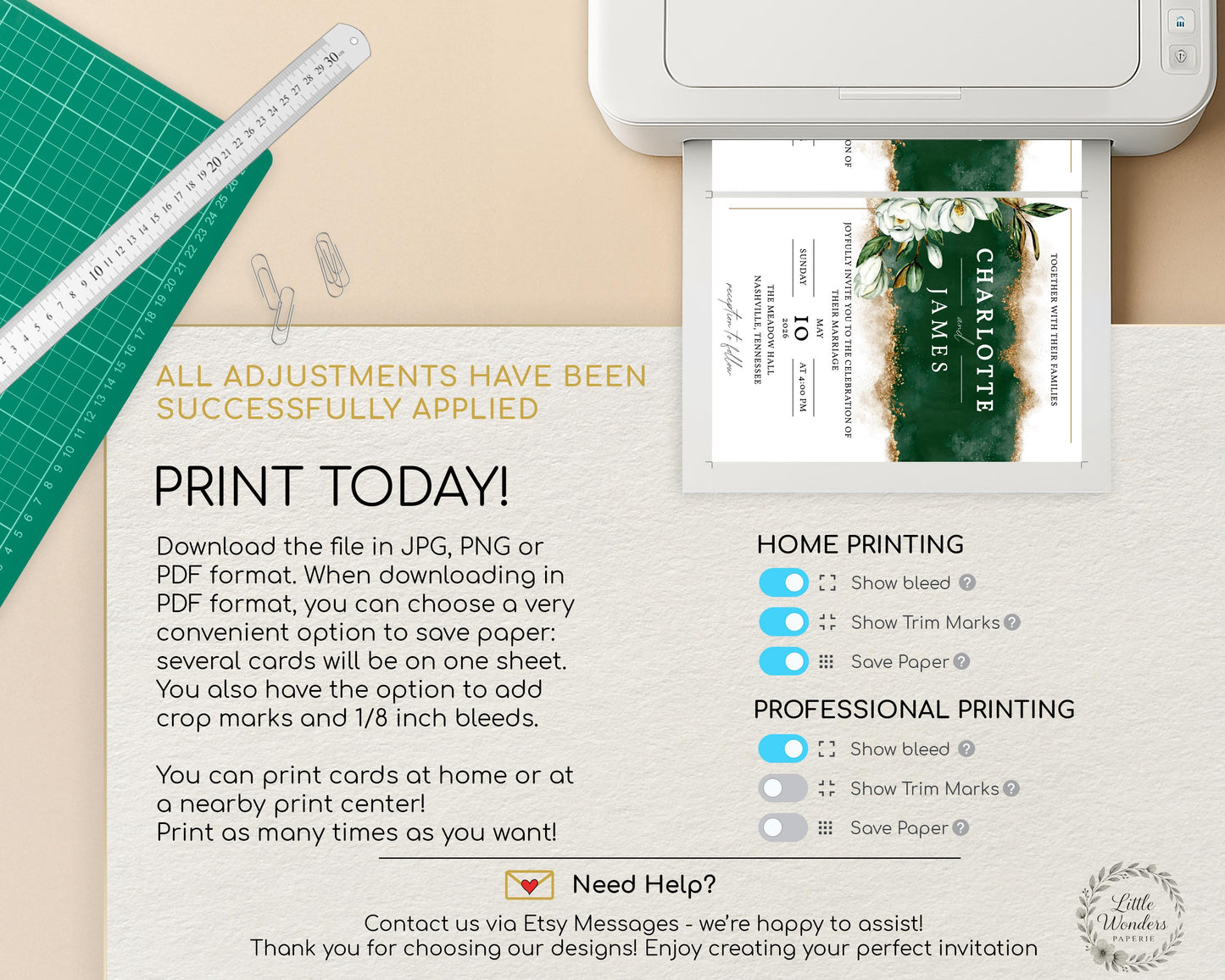Green & Gold Magnolia Wedding Invitation Template
