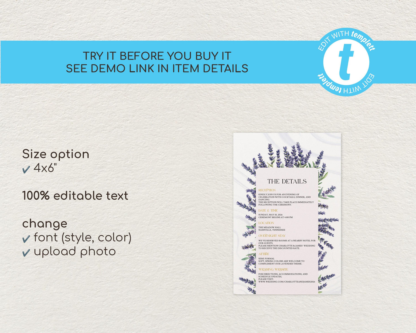 Lavender Wedding Details Card Template