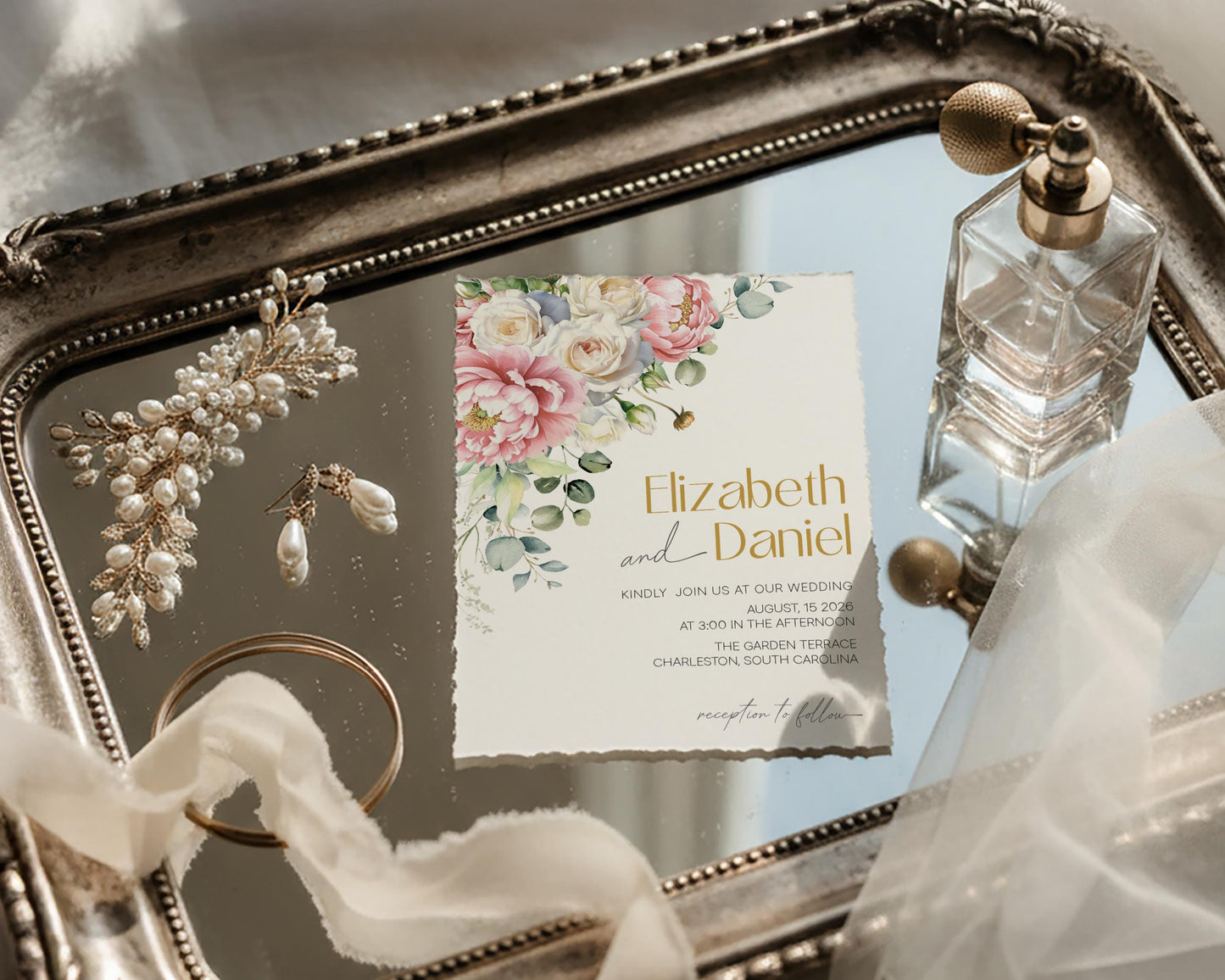 Blush Peony Wedding Invitation Template