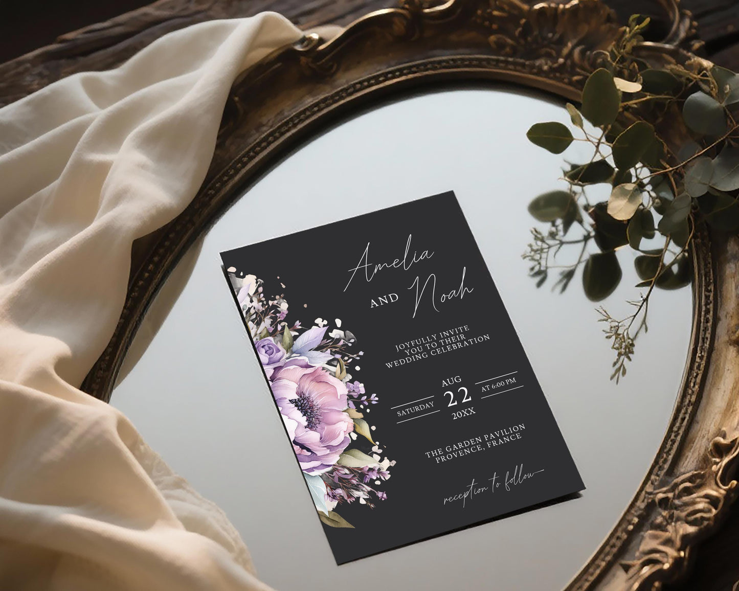 Purple Floral Wedding Invitation Template