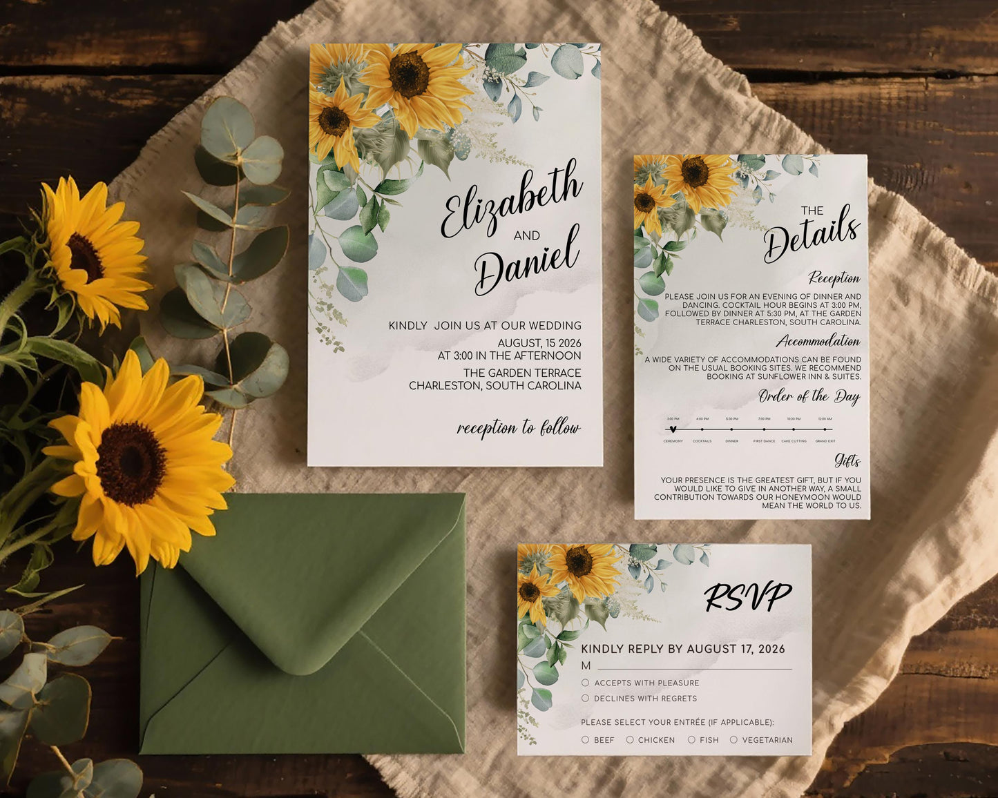 Sunflower Wedding Invitation Suite - Invitation + RSVP + Details