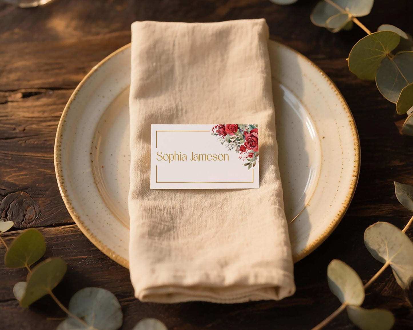 Red Roses Wedding Place Card Template