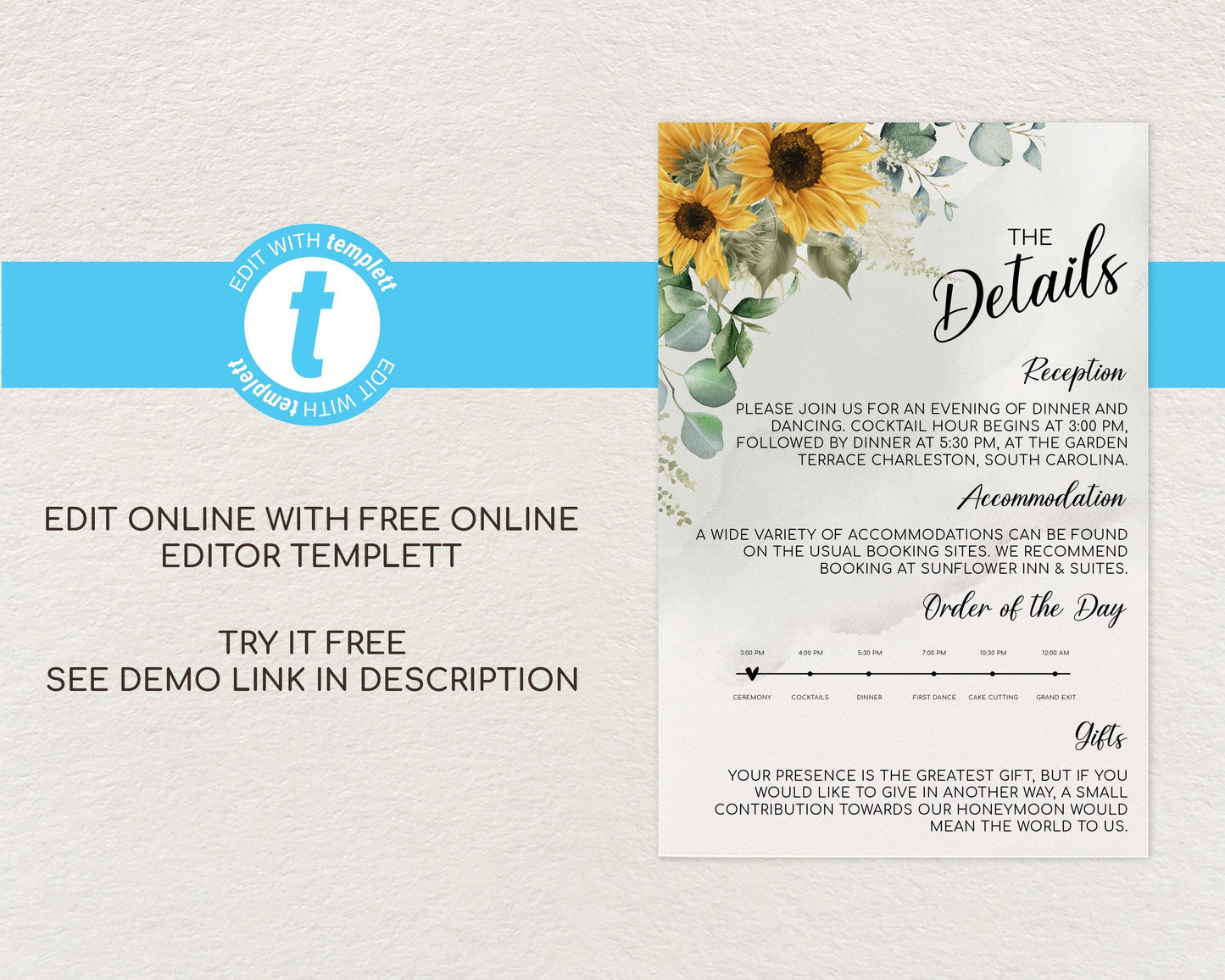 Sunflower Wedding Details Card Template