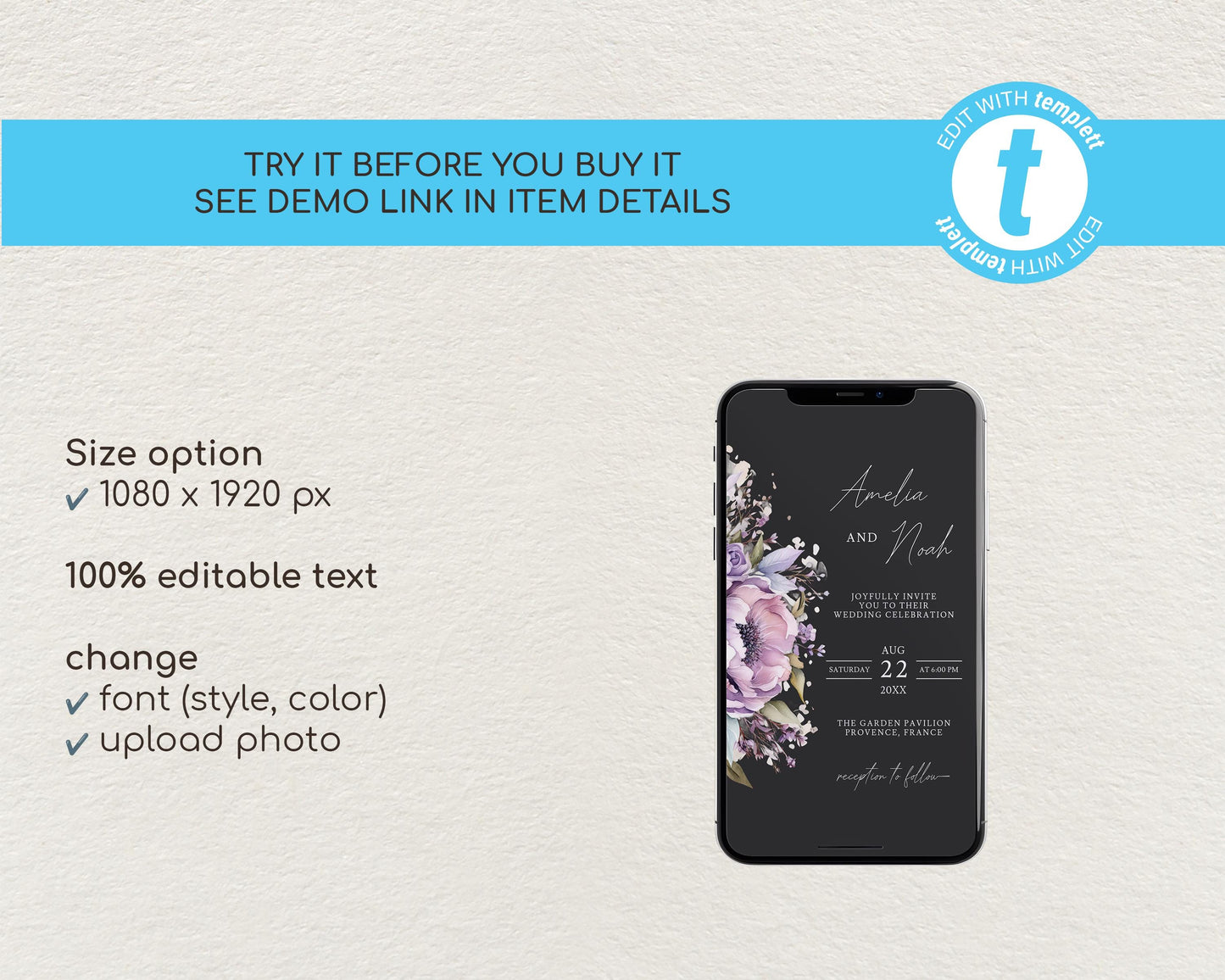Purple Floral Mobile Wedding Invitation Template