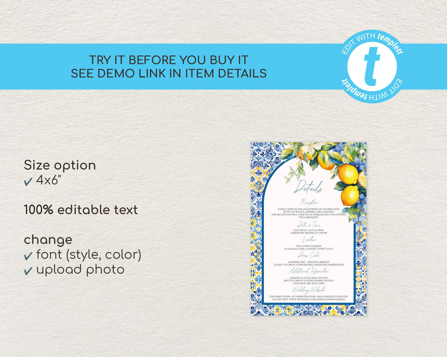 Lemon Wedding Details Card Template
