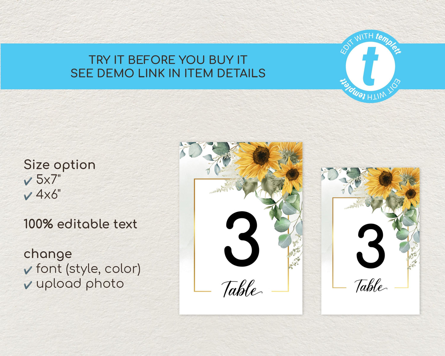 Sunflower Wedding Table Number Sign Template