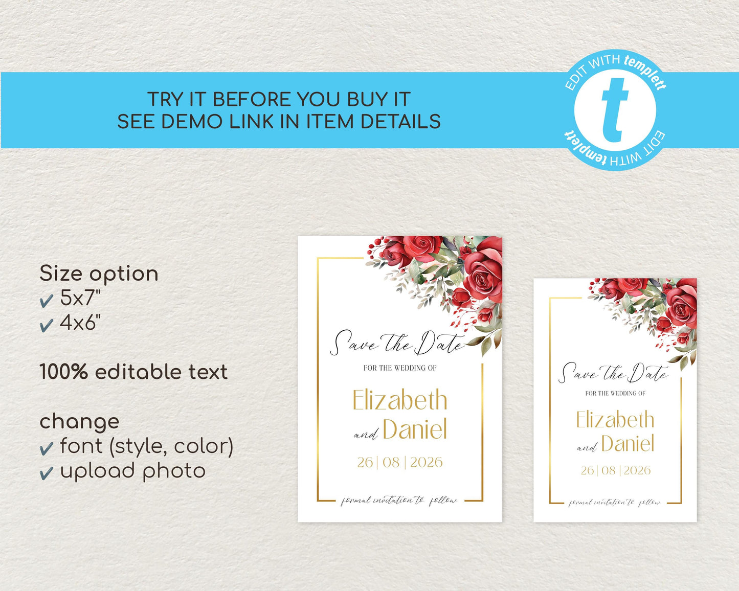 Red Roses Wedding Save the Date Template