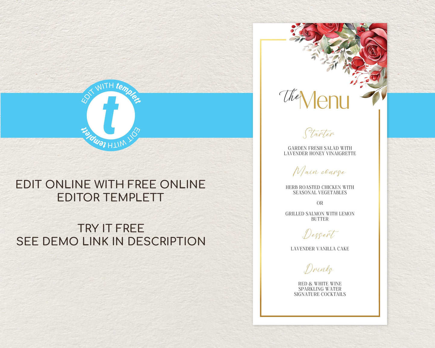 Red Roses Wedding Menu Card Template