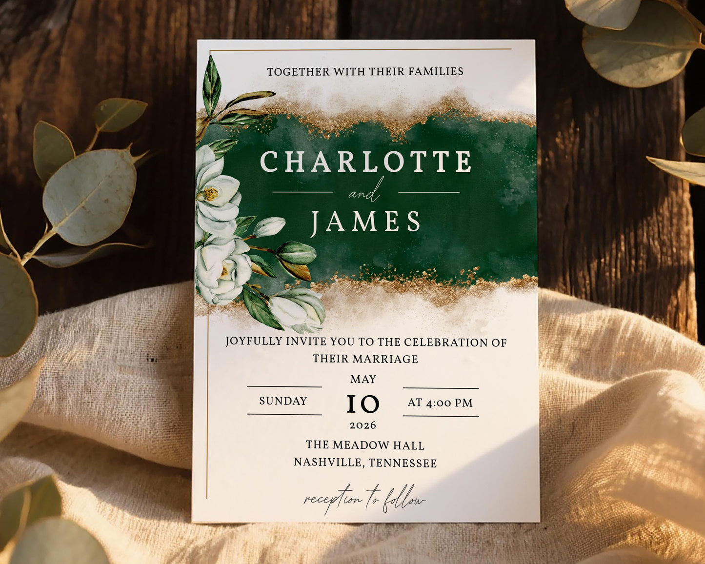Green & Gold Magnolia Wedding Invitation Template