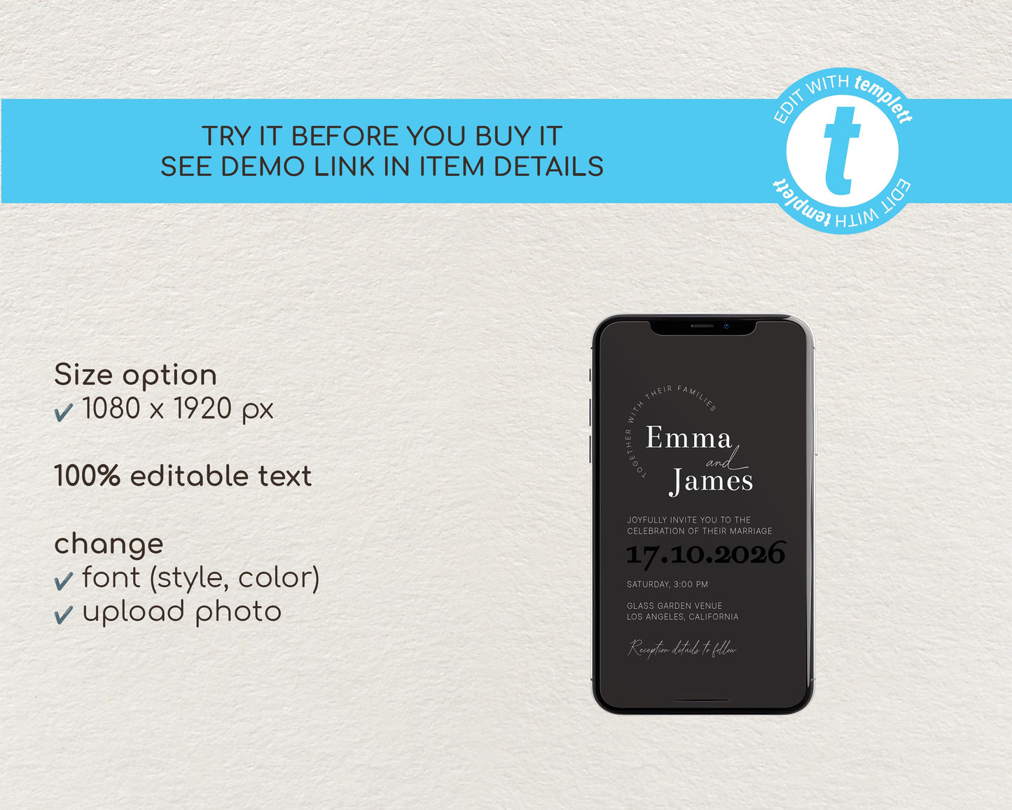 Black & White Mobile Wedding Invitation Template