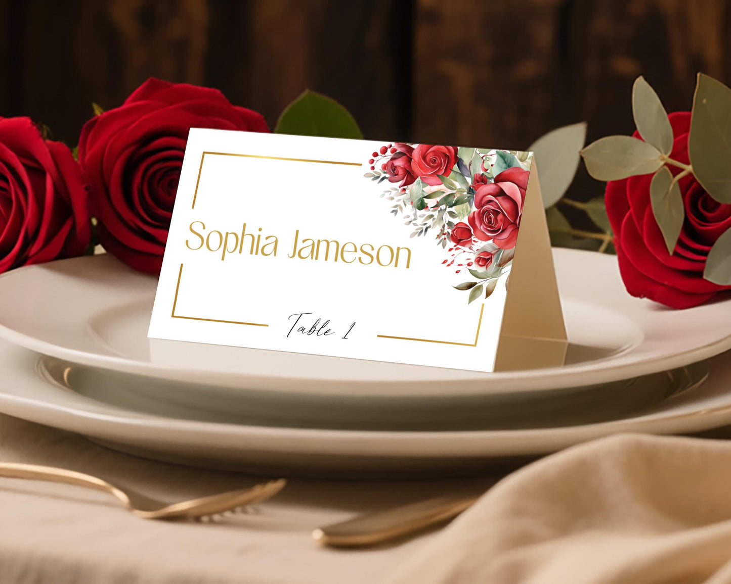 Red Roses Wedding Place Card Template
