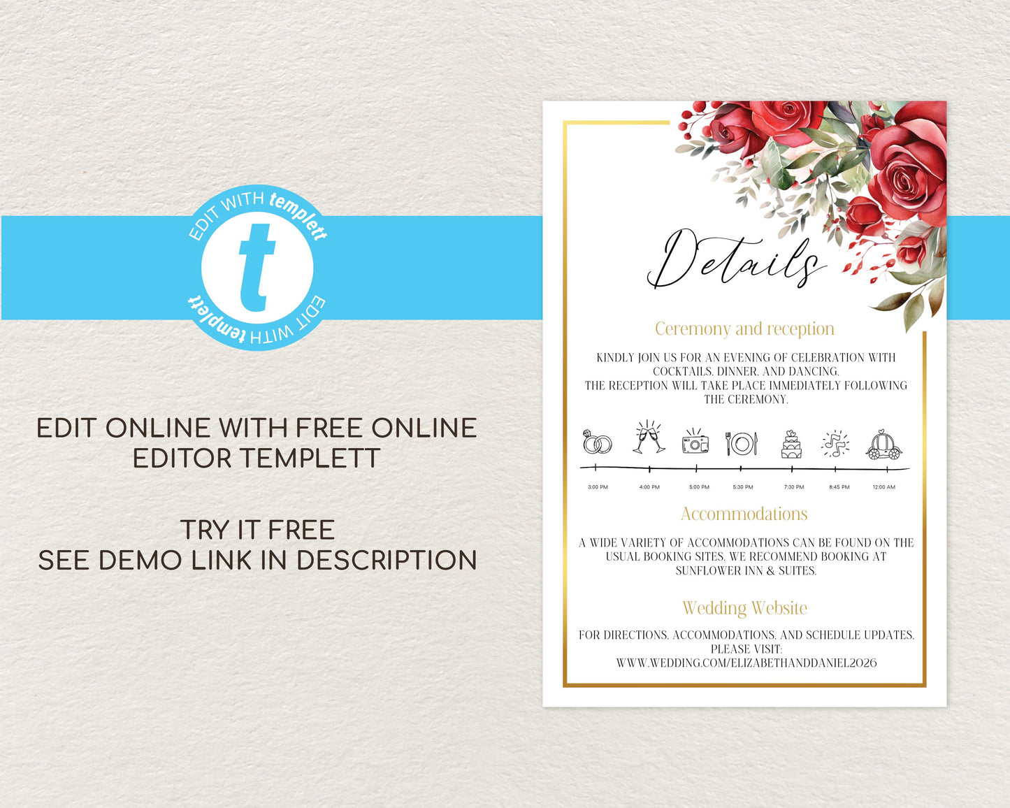Red Roses Wedding Details Card Template