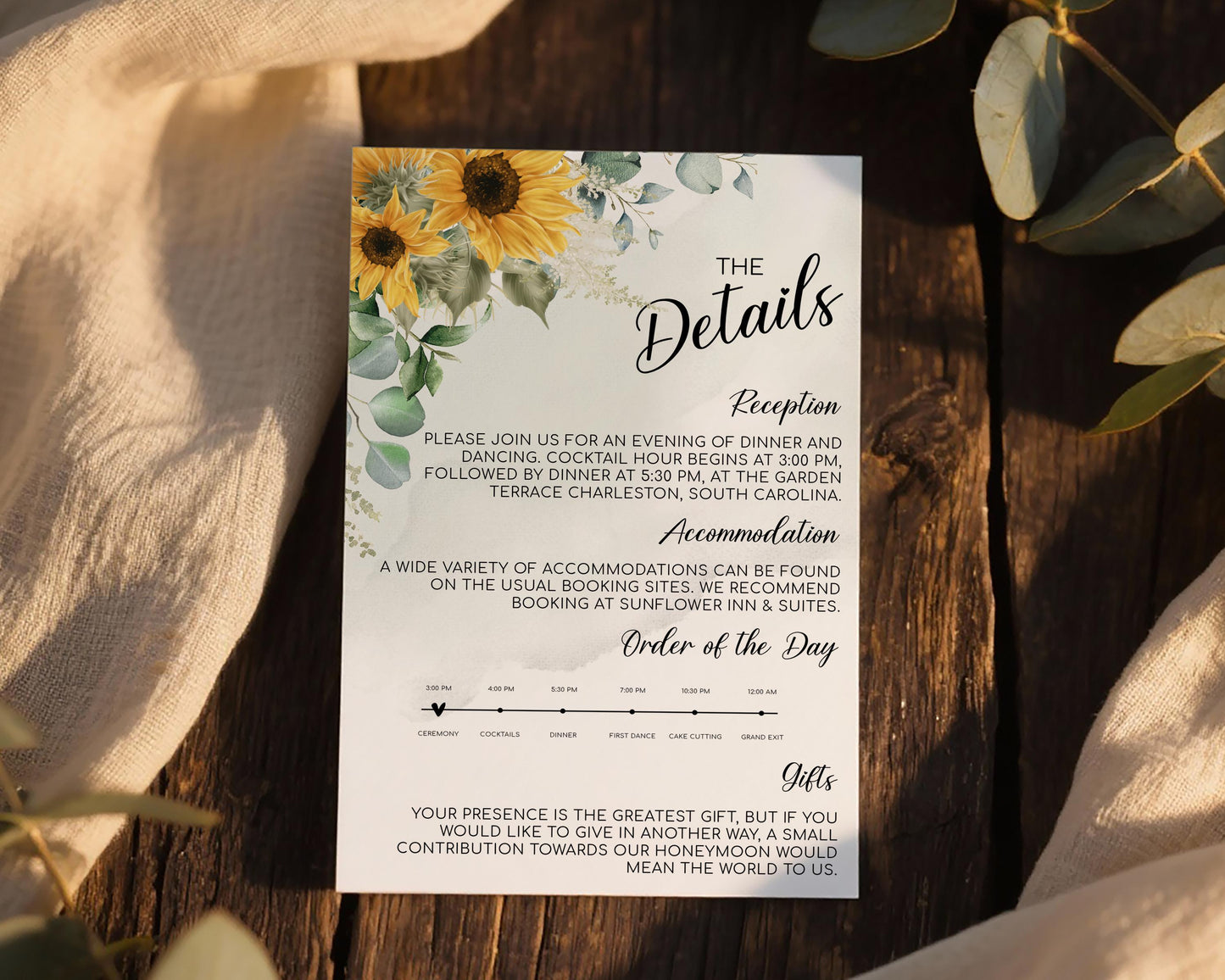 Sunflower Wedding Details Card Template