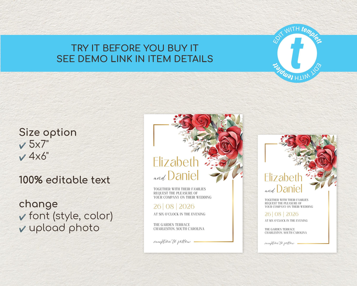 Red Roses Wedding Invitation Template
