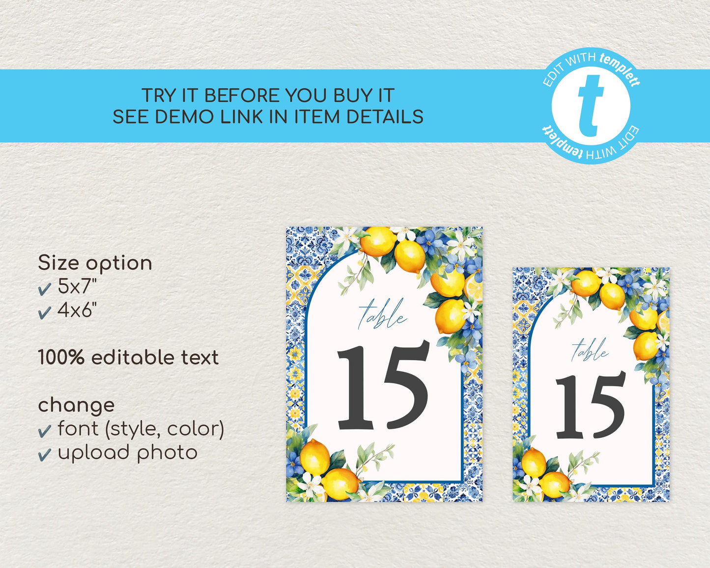 Lemon Wedding Table Numbers Sign Template