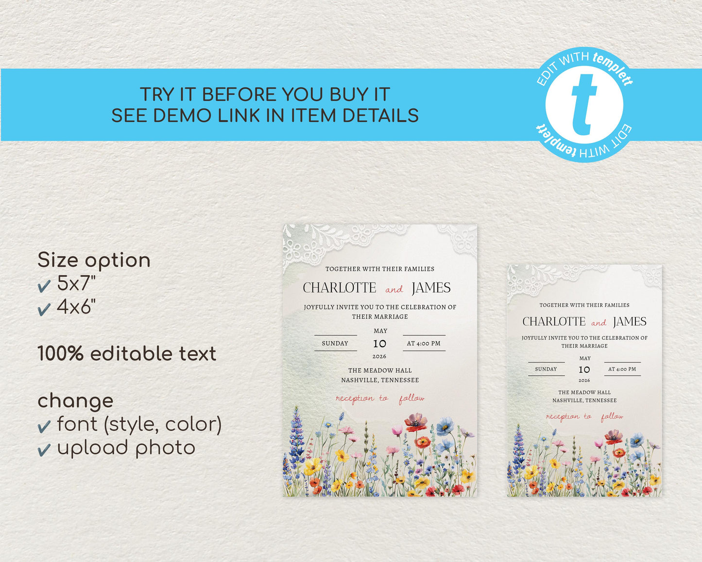 Wildflower Wedding Invitation Template