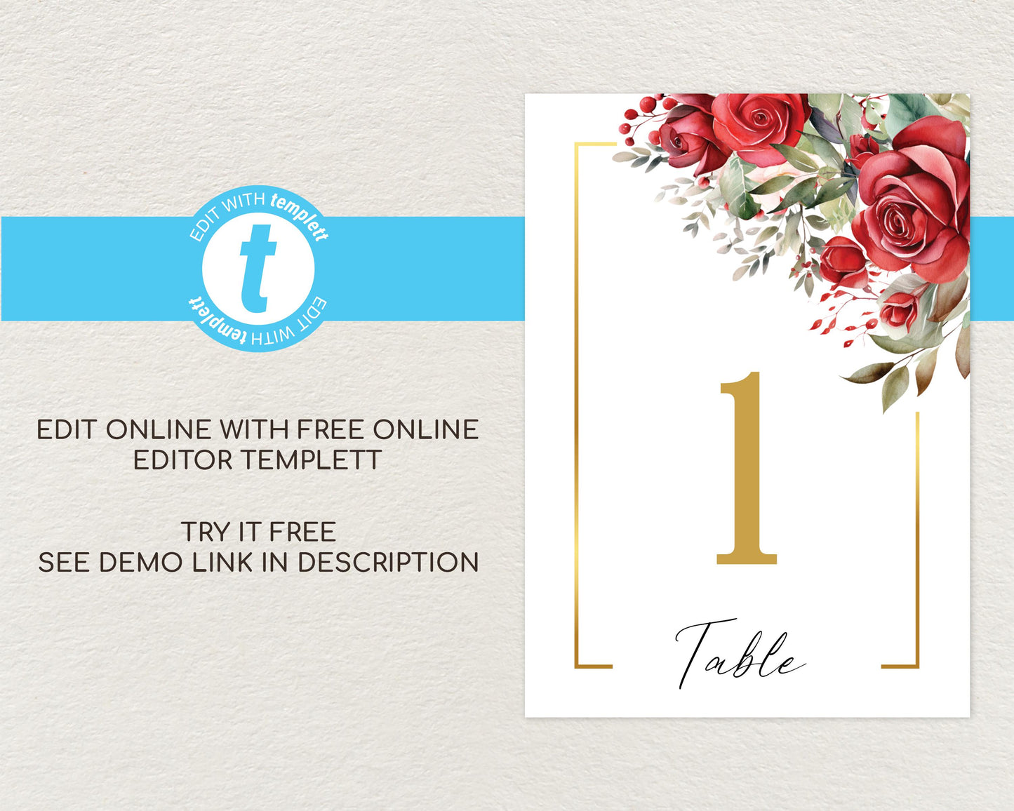 Red Roses Wedding Table Number Sign Template
