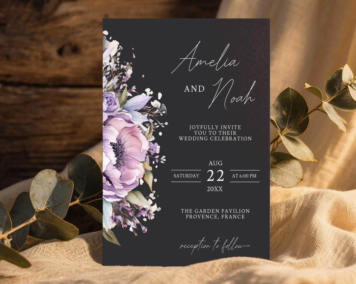 Purple Floral Wedding Invitation Template