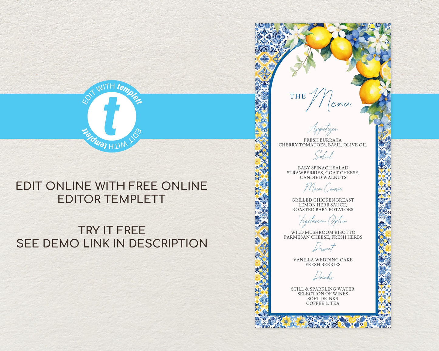 Lemon Wedding Menu Card Template
