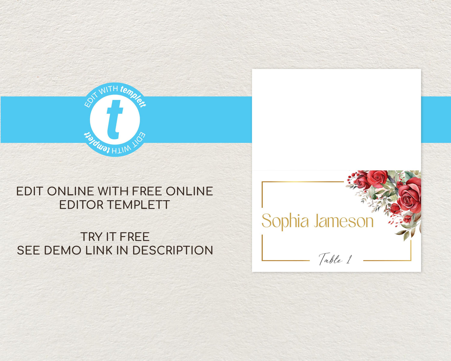 Red Roses Wedding Place Card Template