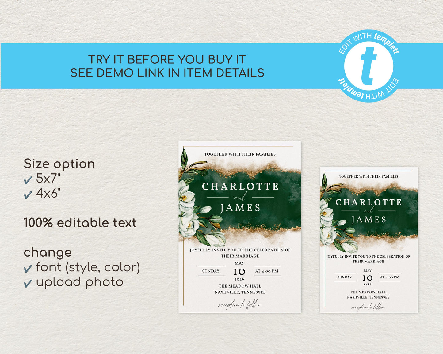 Green & Gold Magnolia Wedding Invitation Template