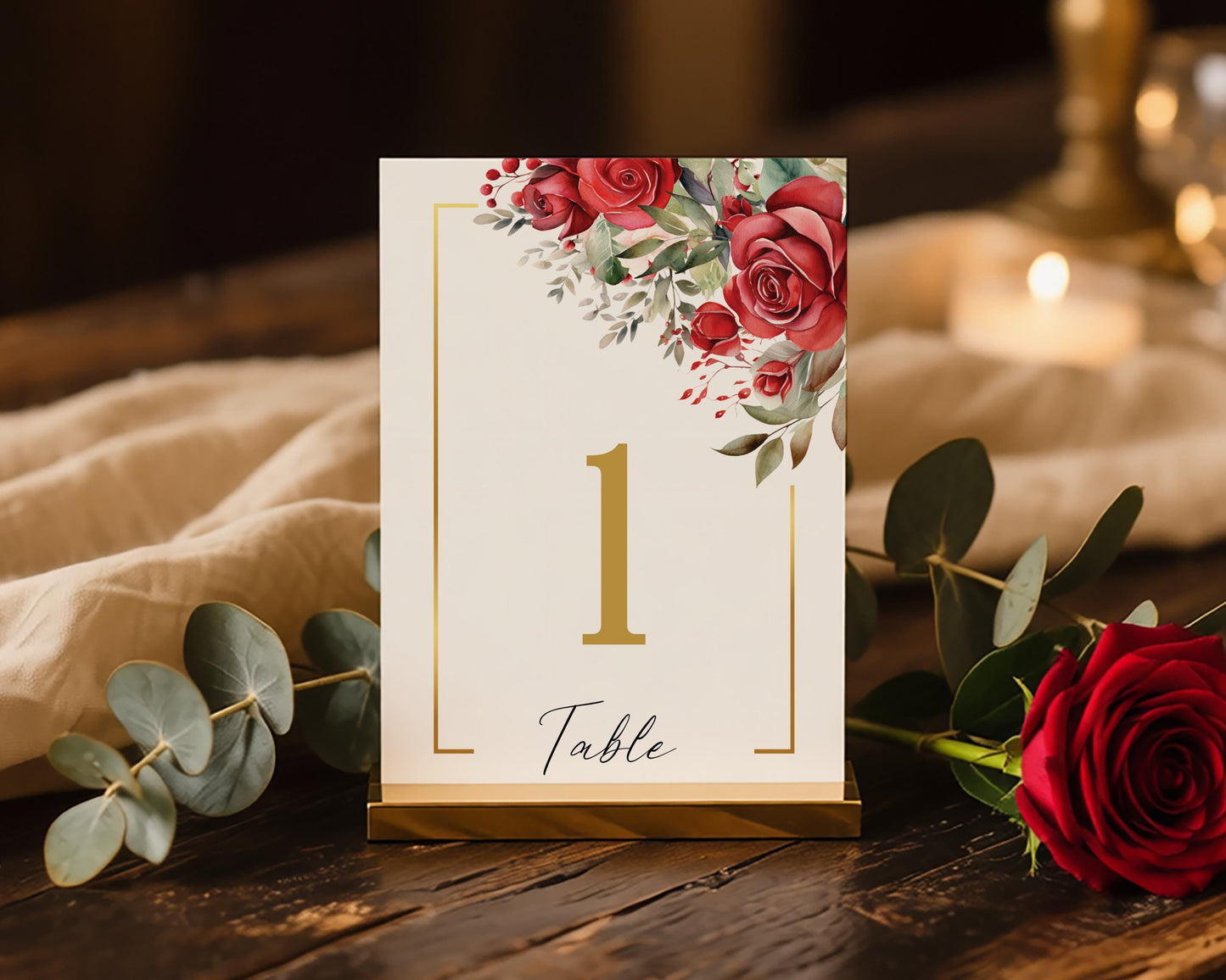 Red Roses Wedding Table Number Sign Template