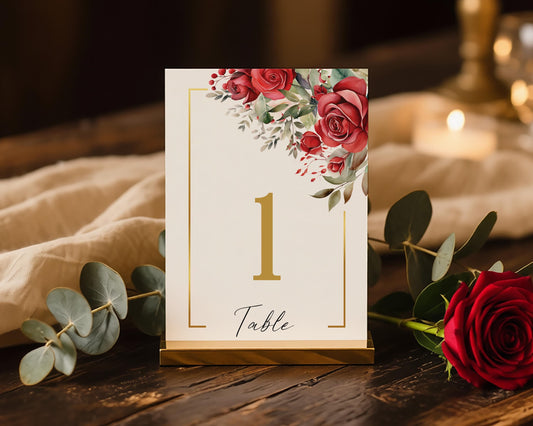 Red Roses Wedding Table Number Sign Template