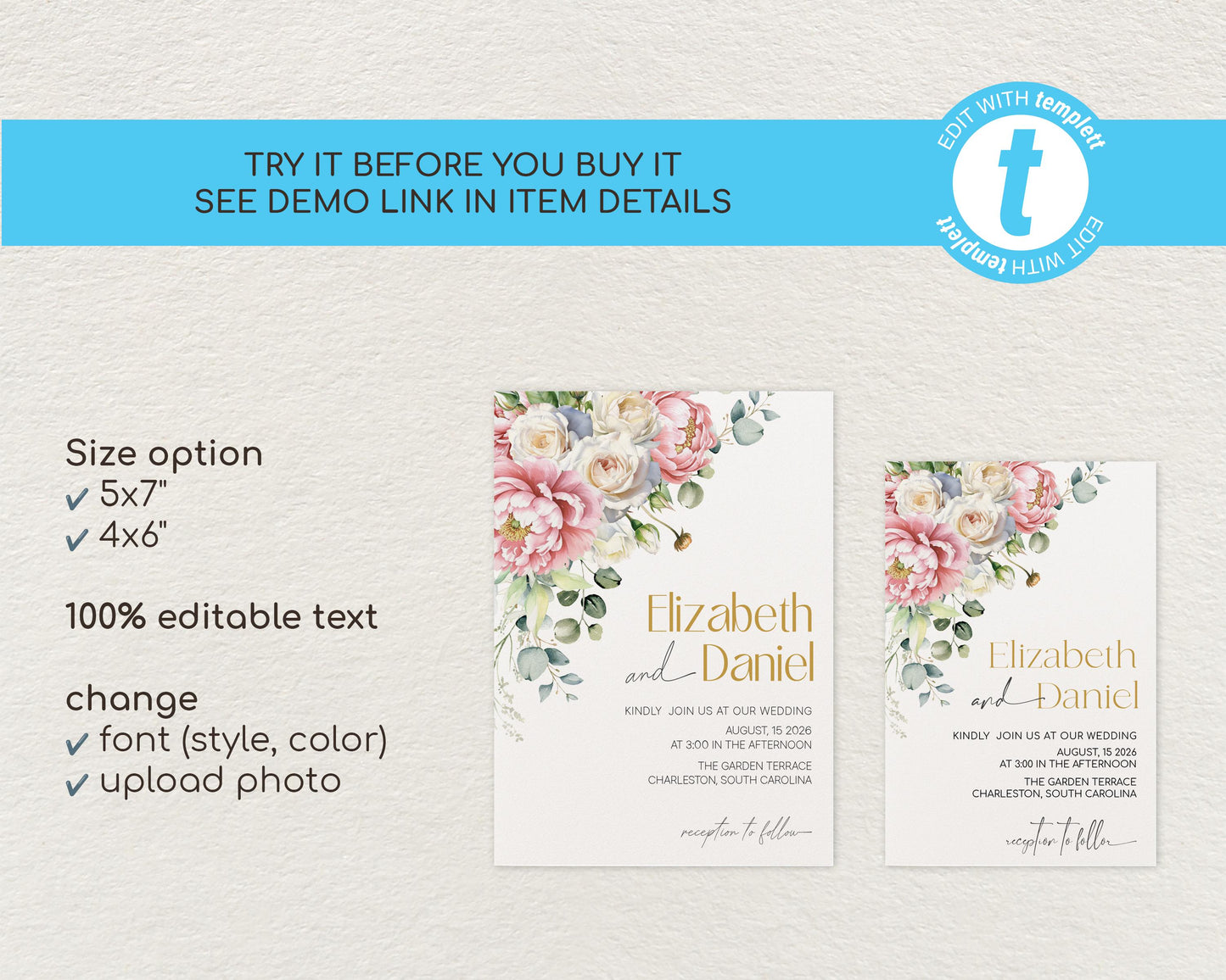 Blush Peony Wedding Invitation Template