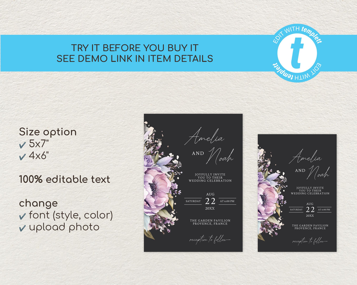 Purple Floral Wedding Invitation Template