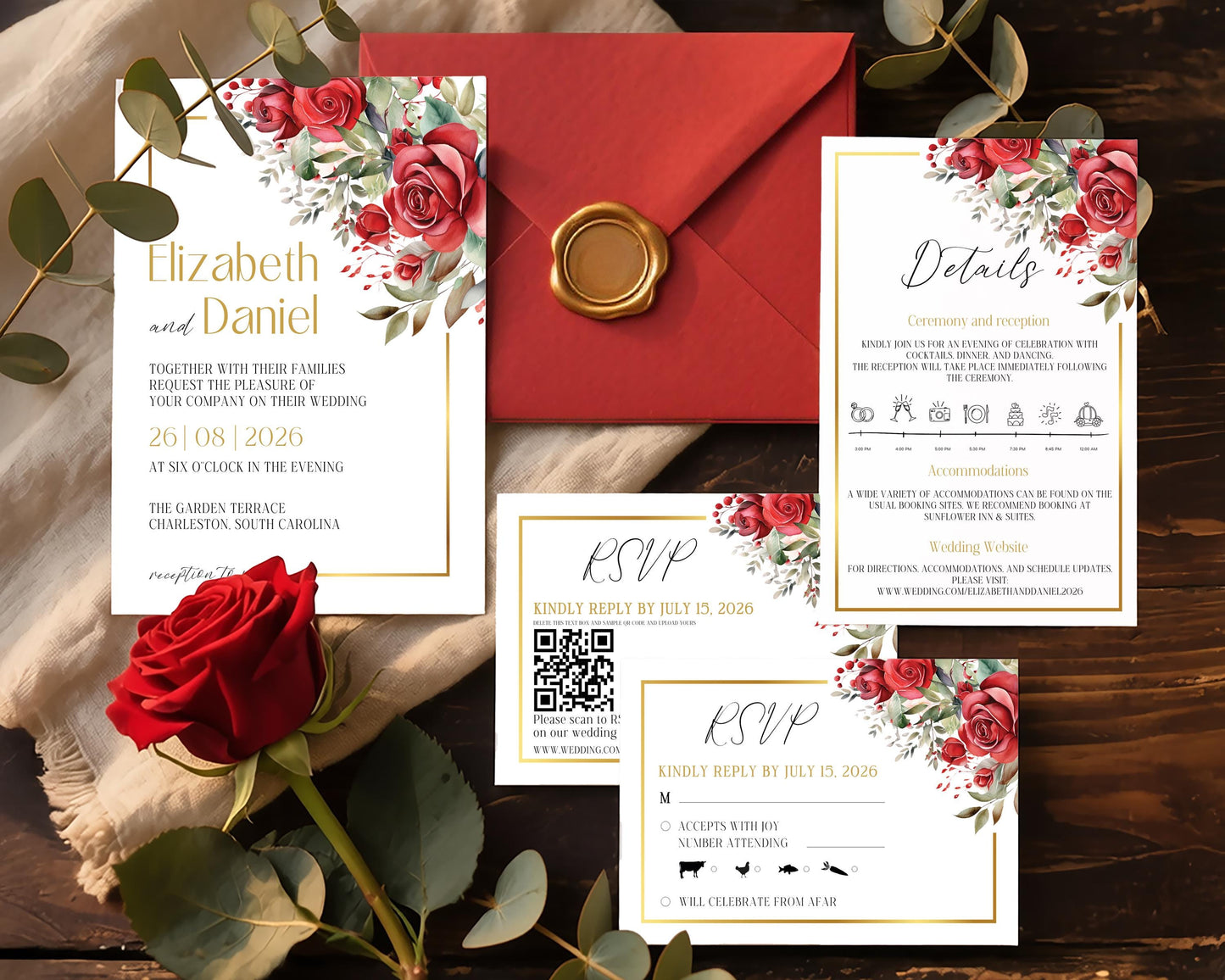 Red Roses Wedding Invitation Suite - Invitation + RSVP + Details