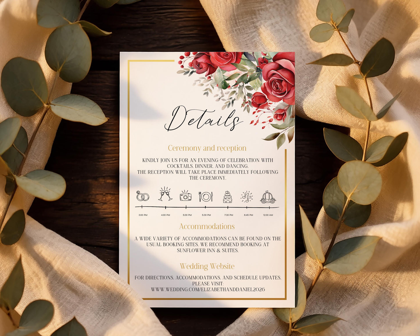 Red Roses Wedding Details Card Template