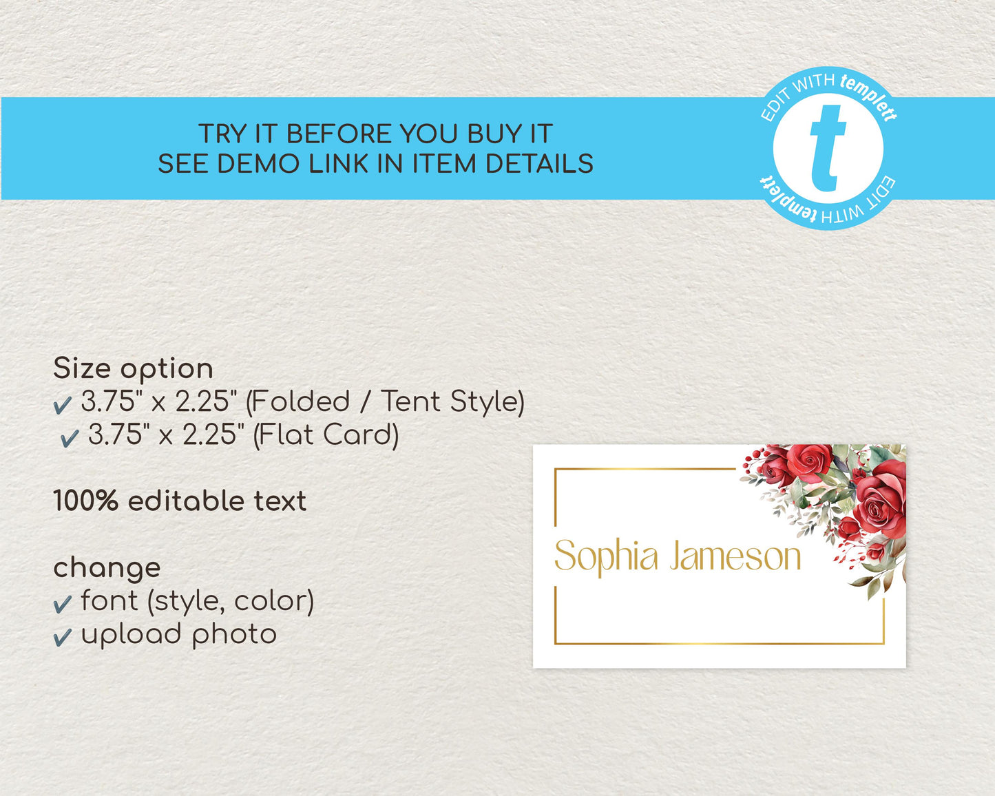 Red Roses Wedding Place Card Template
