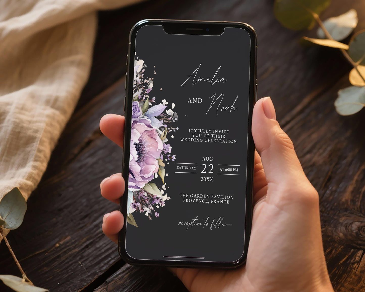Purple Floral Mobile Wedding Invitation Template