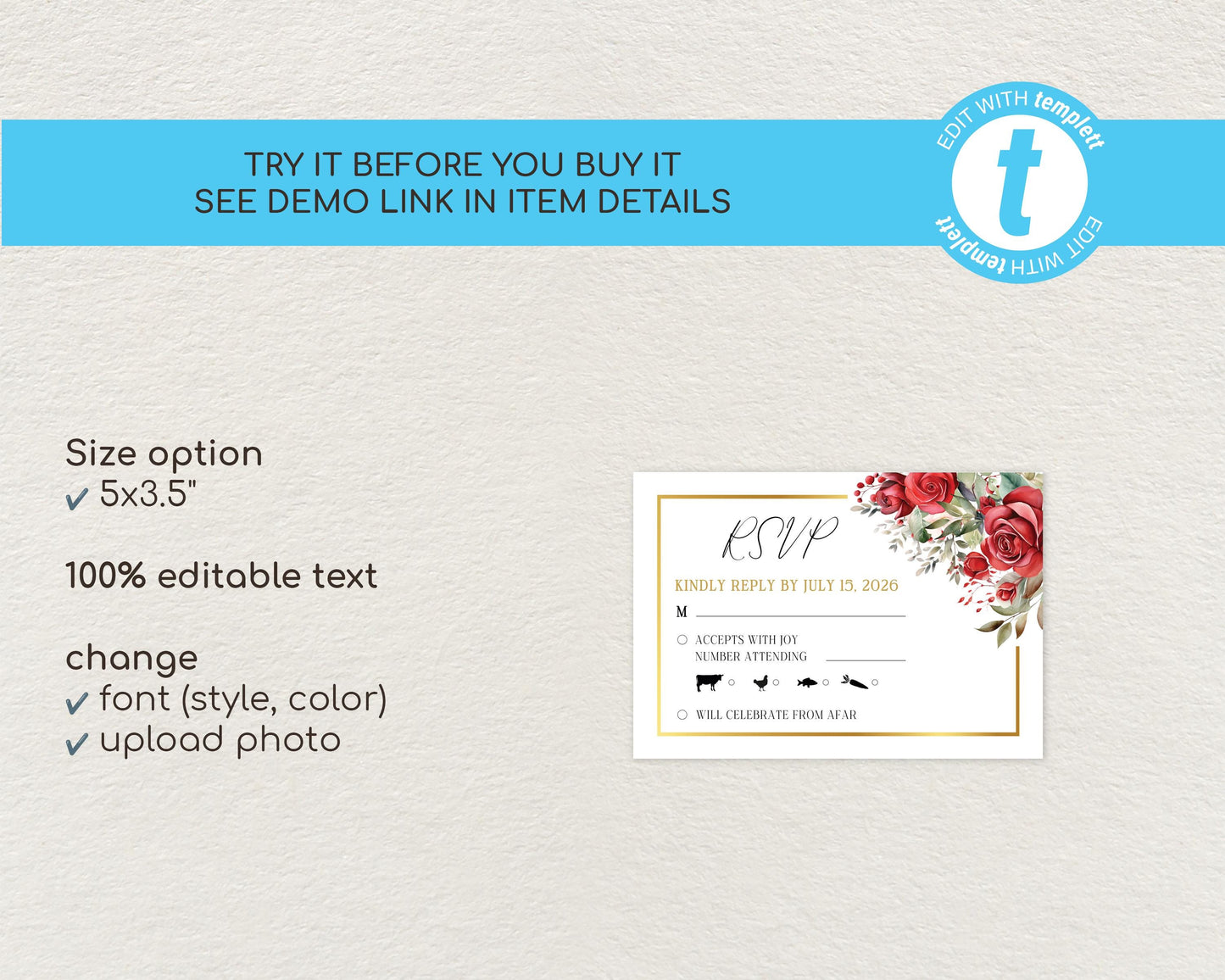 Red Roses Wedding RSVP Card Template
