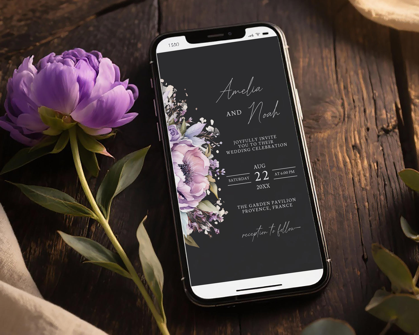 Purple Floral Mobile Wedding Invitation Template