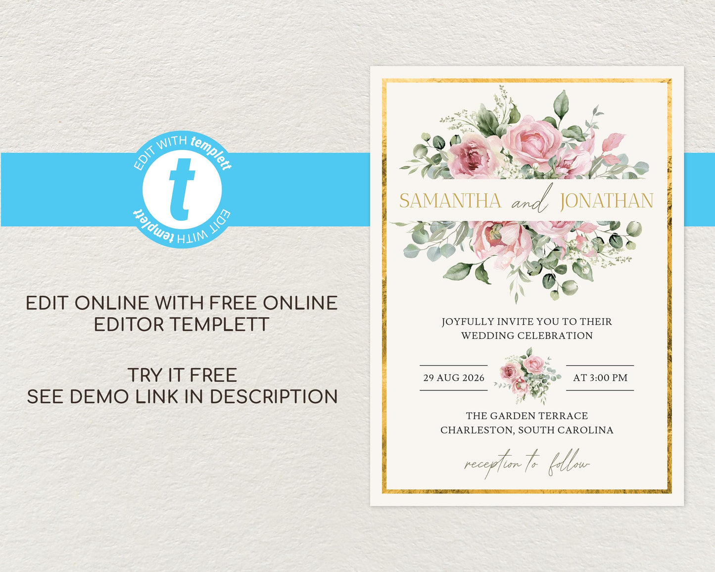 Blush Pink Floral Wedding Invitation Template