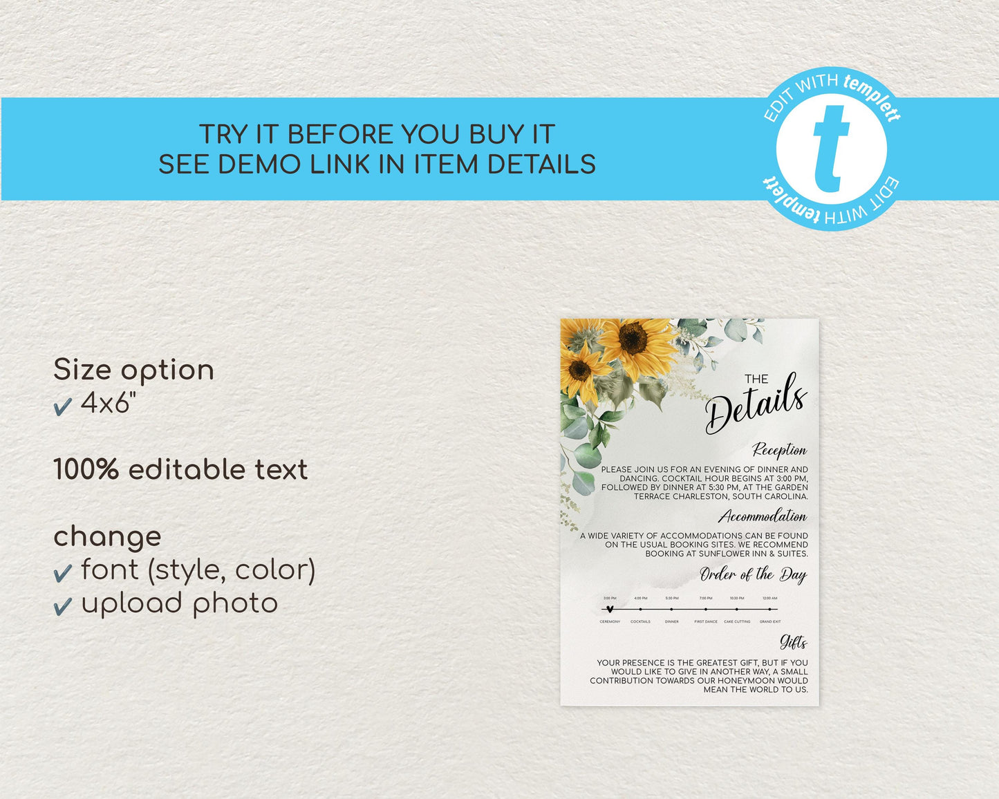 Sunflower Wedding Details Card Template