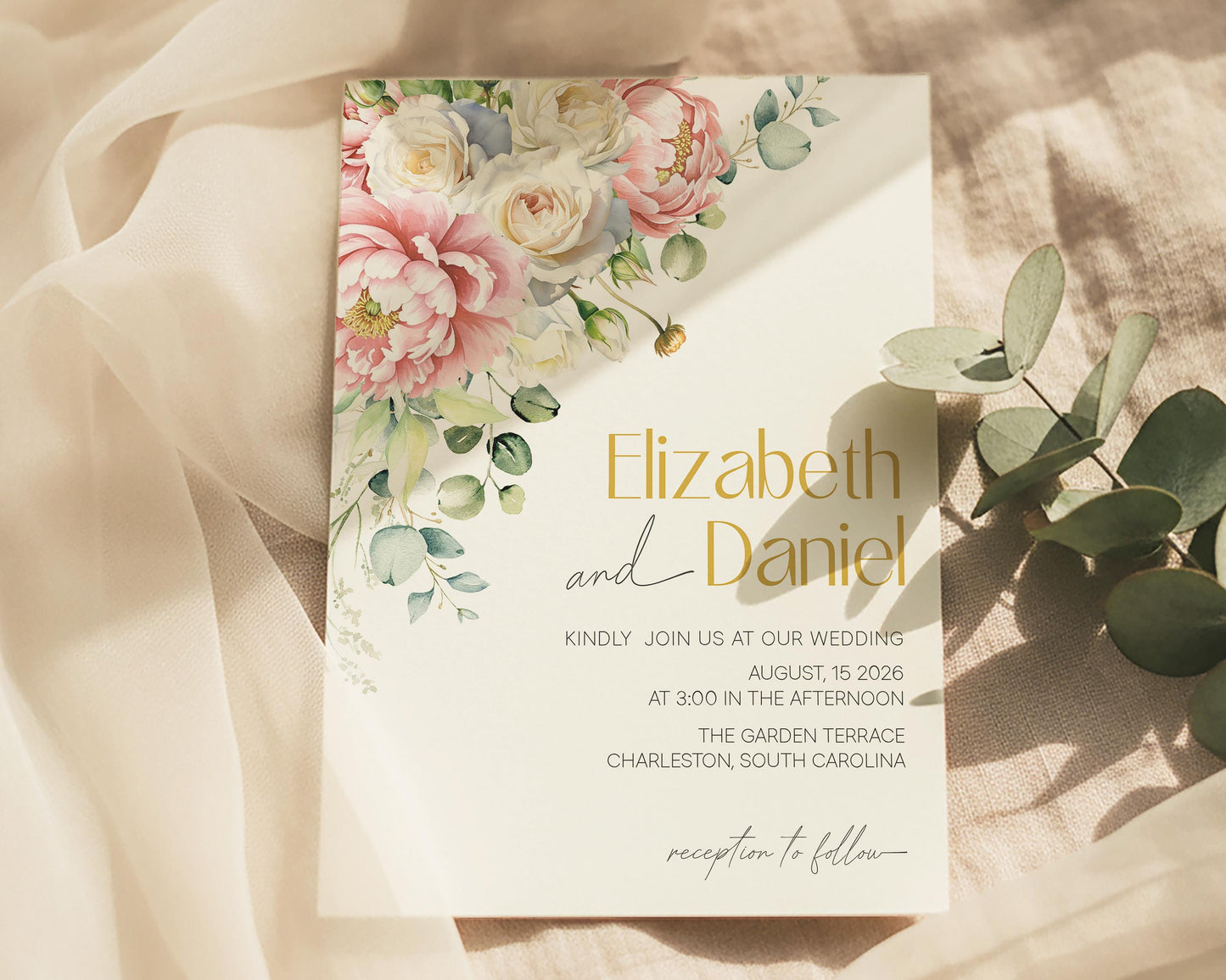 Blush Peony Wedding Invitation Template