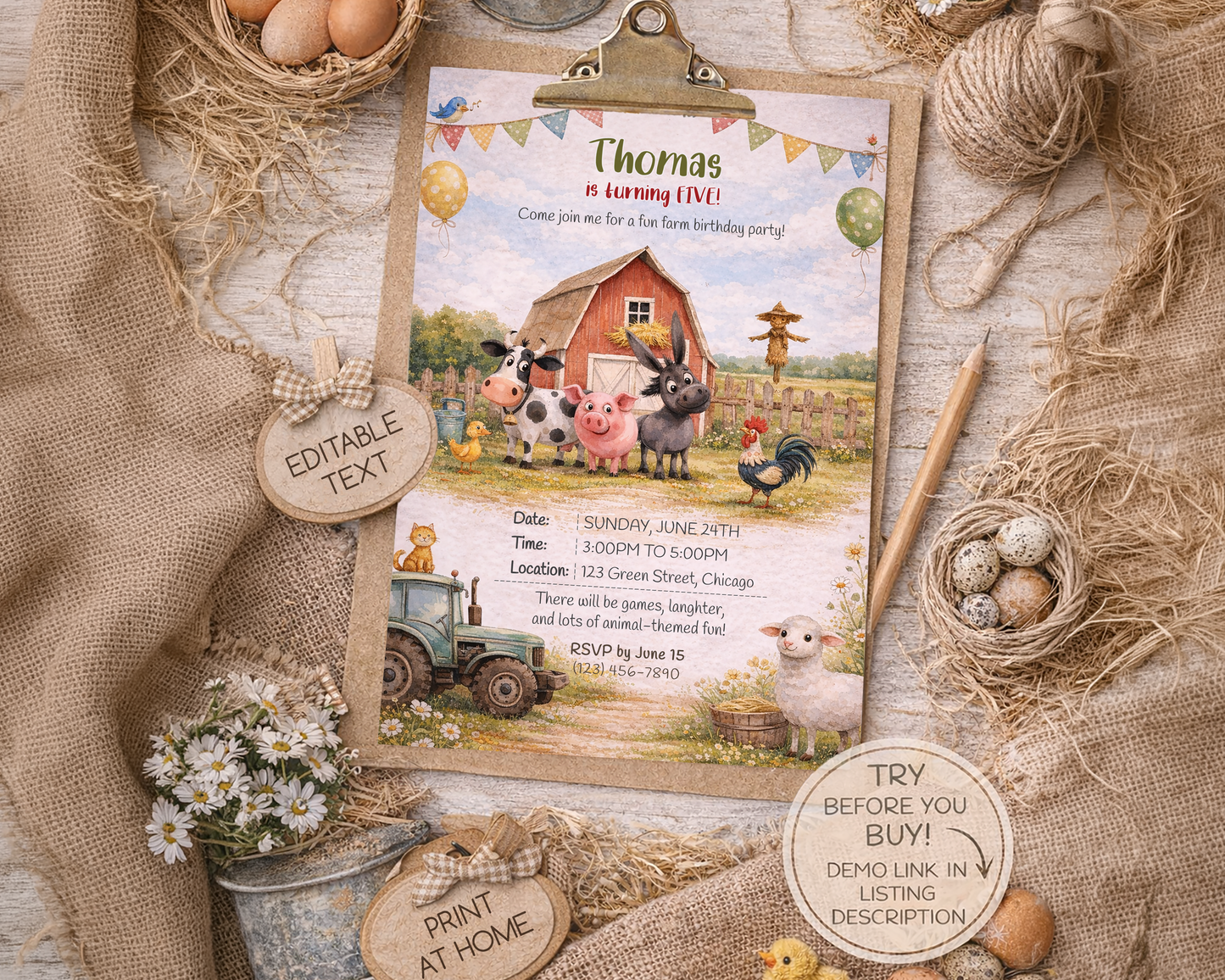 Farm Animals Birthday Invitation Template