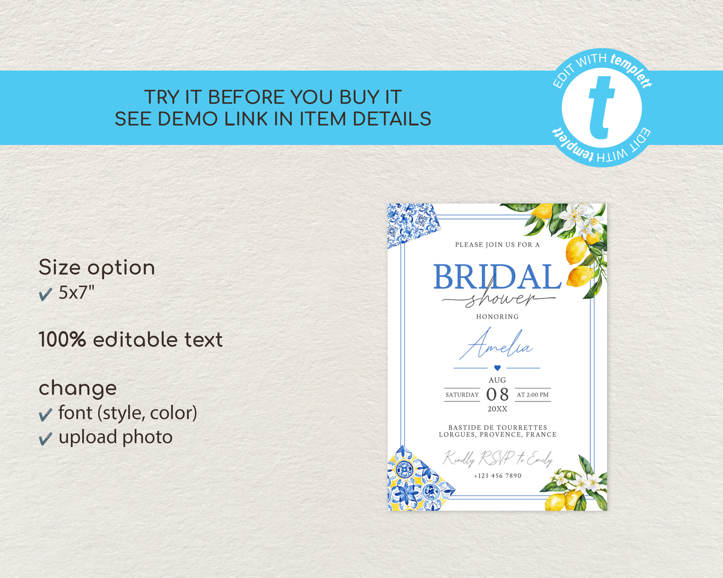 Amalfi Lemon Bridal Shower Invitation Template