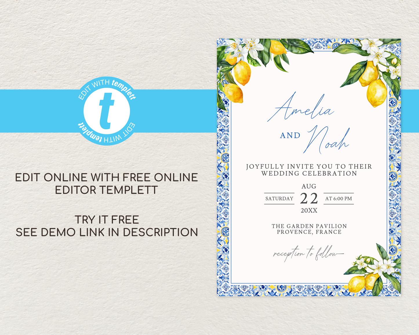 Amalfi Lemon Wedding Invitation Template