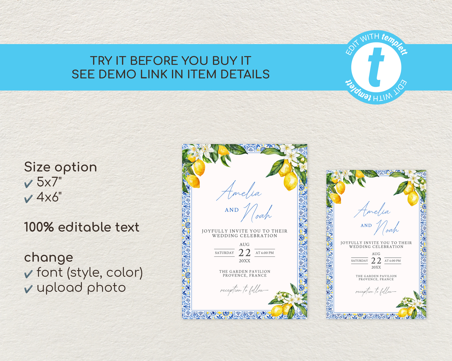Amalfi Lemon Wedding Invitation Template