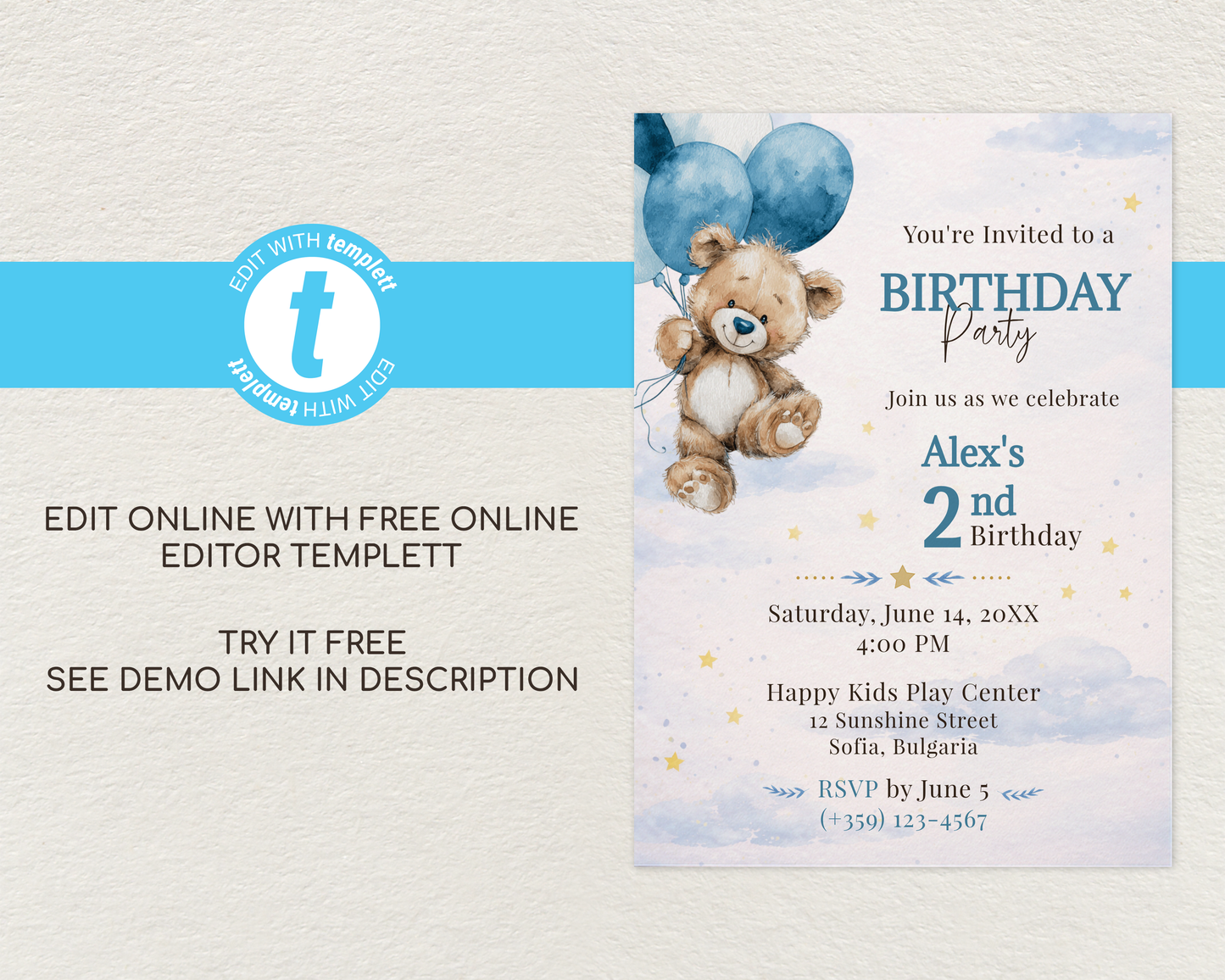 Blue Teddy Bear Birthday Invitation Template