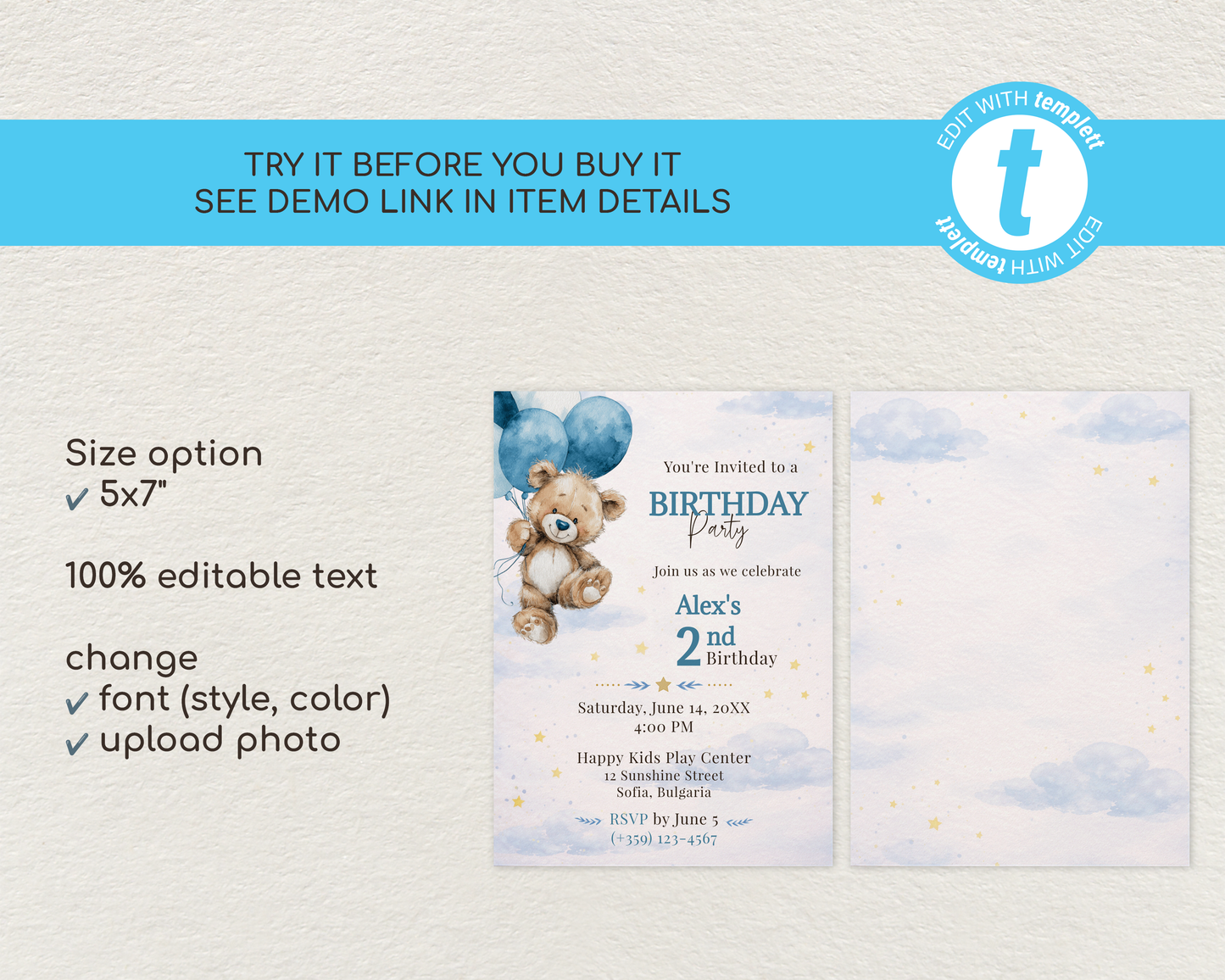 Blue Teddy Bear Birthday Invitation Template