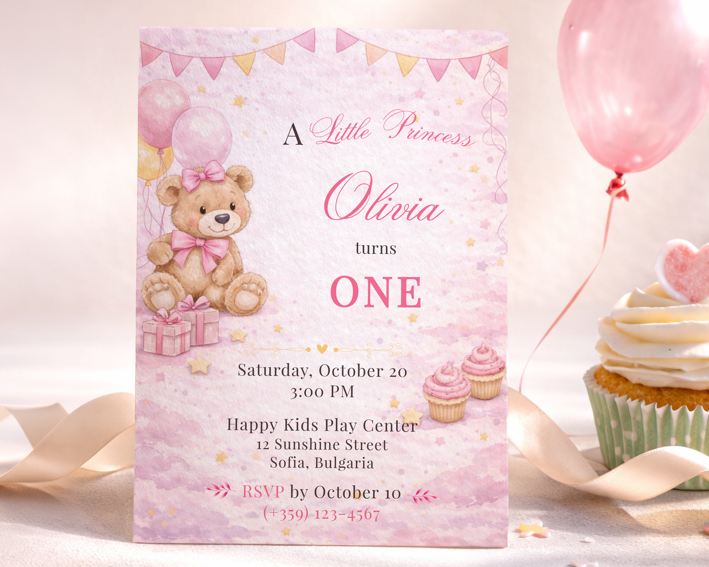 Pink Teddy Bear Birthday Invitation Template