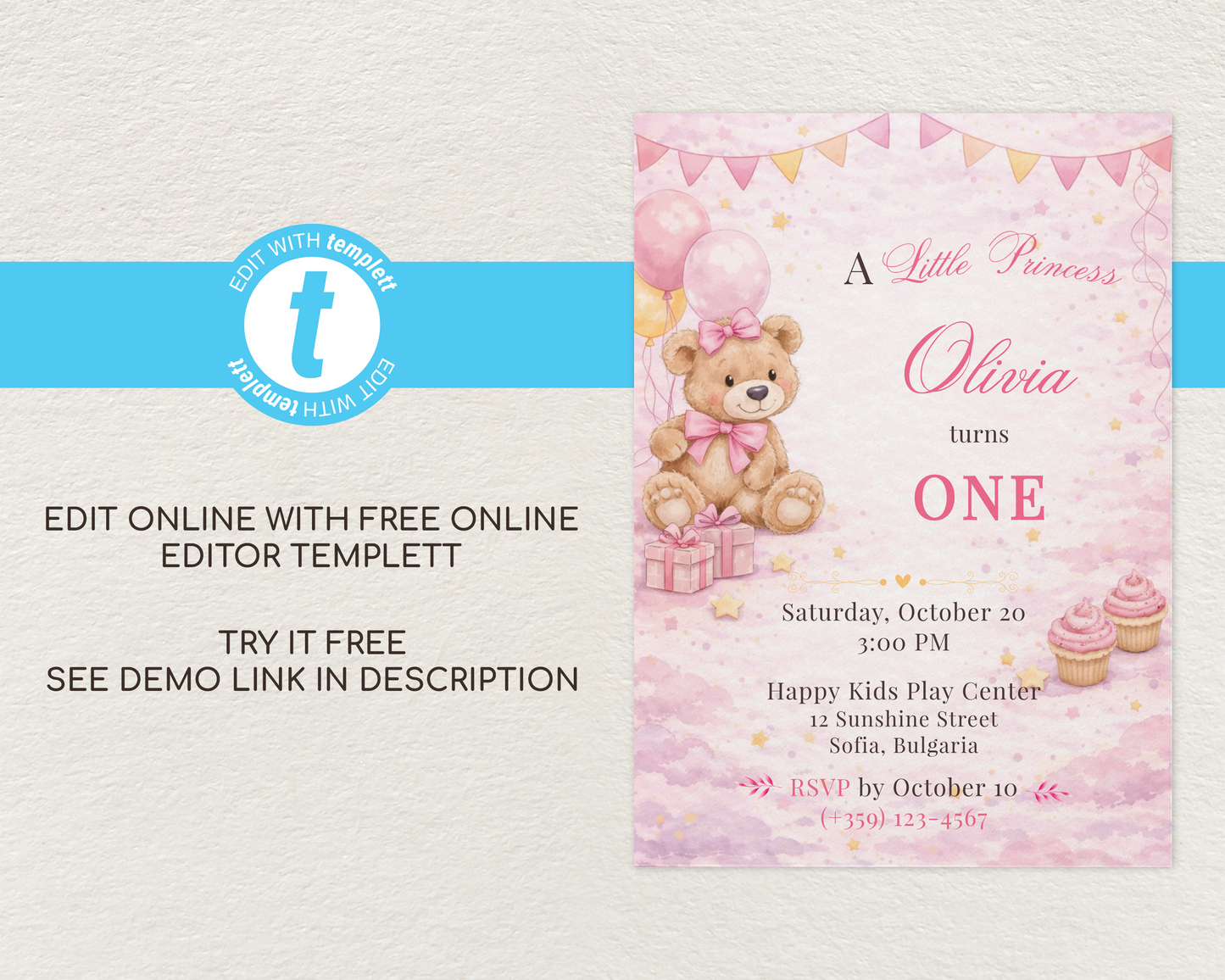 Pink Teddy Bear Birthday Invitation Template