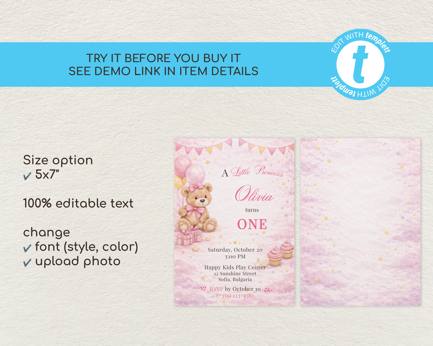 Pink Teddy Bear Birthday Invitation Template