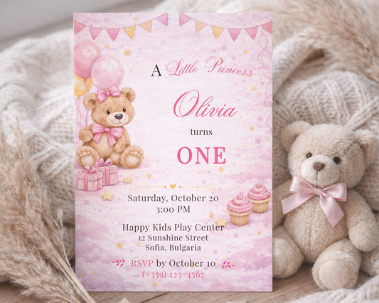 Pink Teddy Bear Birthday Invitation Template