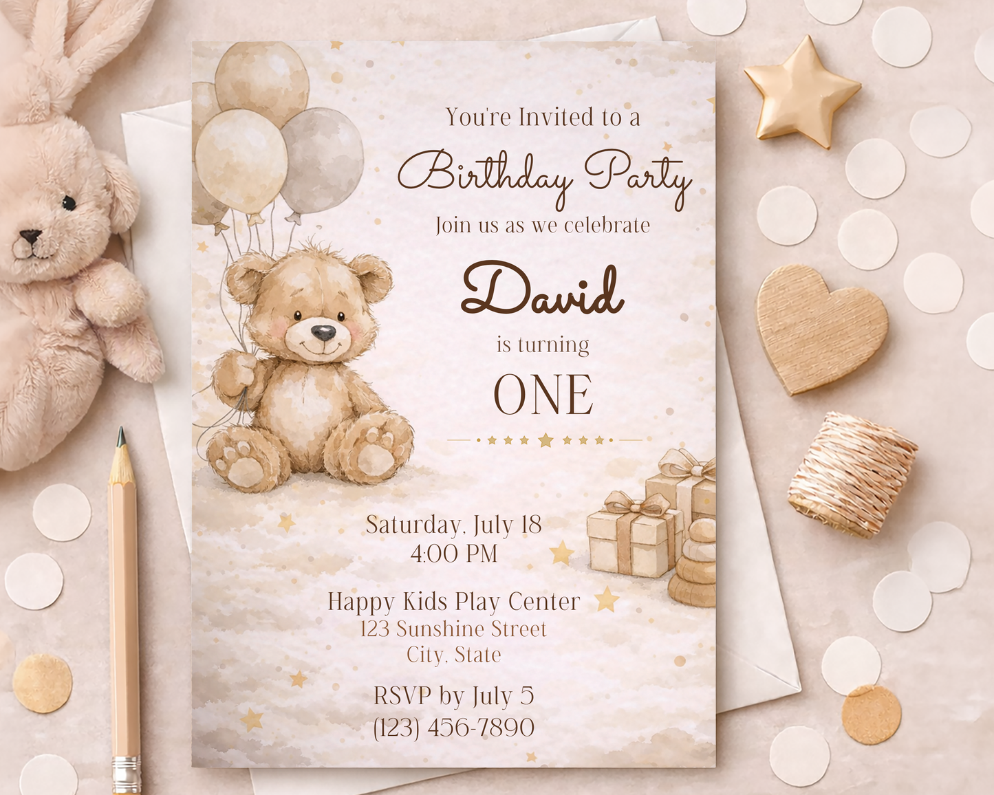 Beige Teddy Bear Birthday Invitation Template