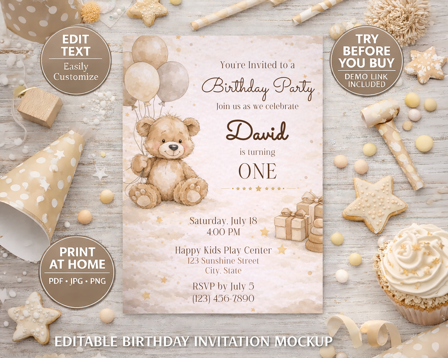 Beige Teddy Bear Birthday Invitation Template